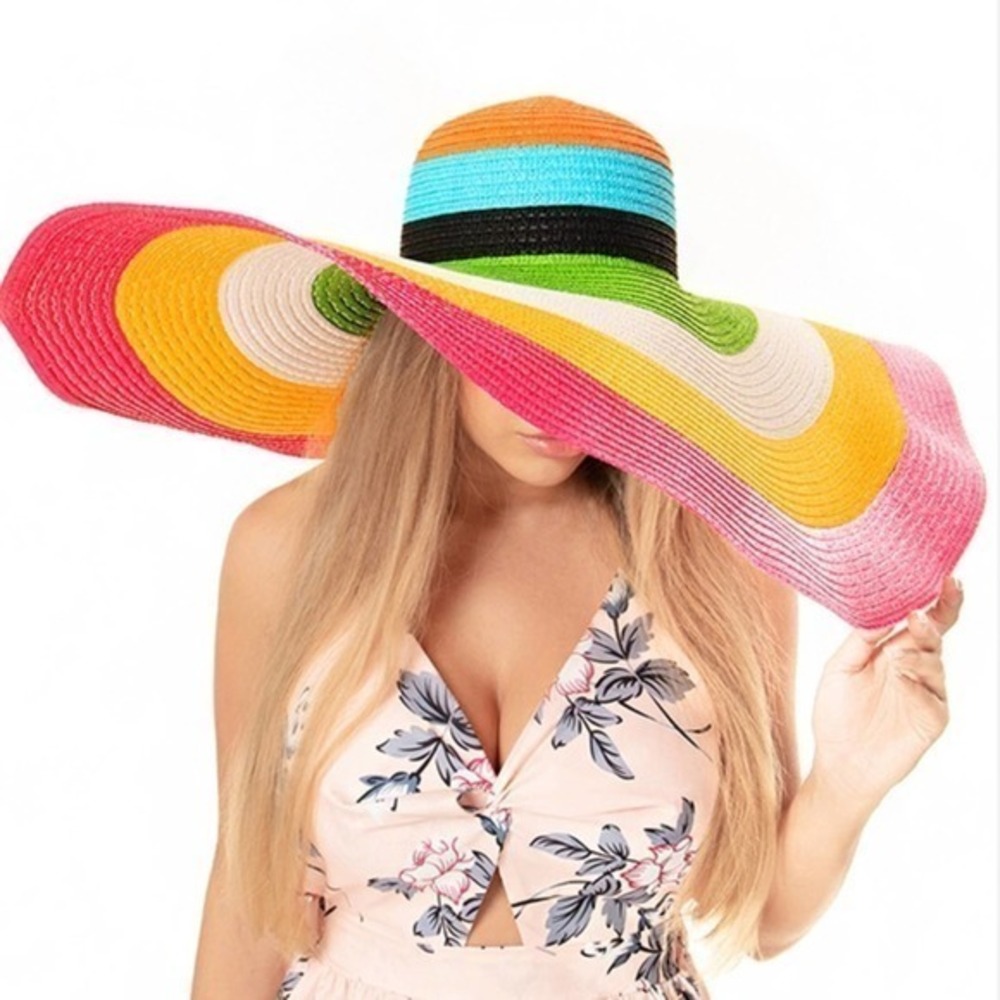 Multicolor Striped Extra Wide Floppy Brim Paper Straw‎ Beach Sun Hat
